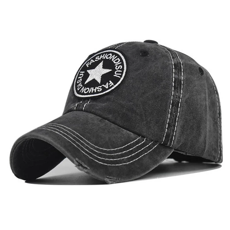New washed cotton baseball cap with five-pointed star embroidery, washed and distressed duckbill cap, outdoor sun hat wholesale