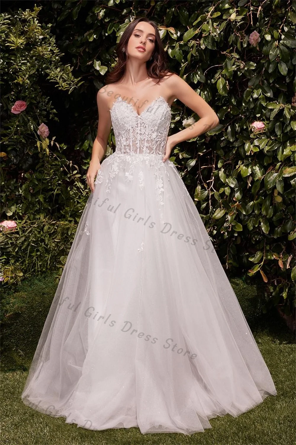 

Tulle Sweetheart Lace Appliques Brides Wedding Dresses Sheer Corset Backless Prom Gowns Sleeveless A-line Long Evening Gowns