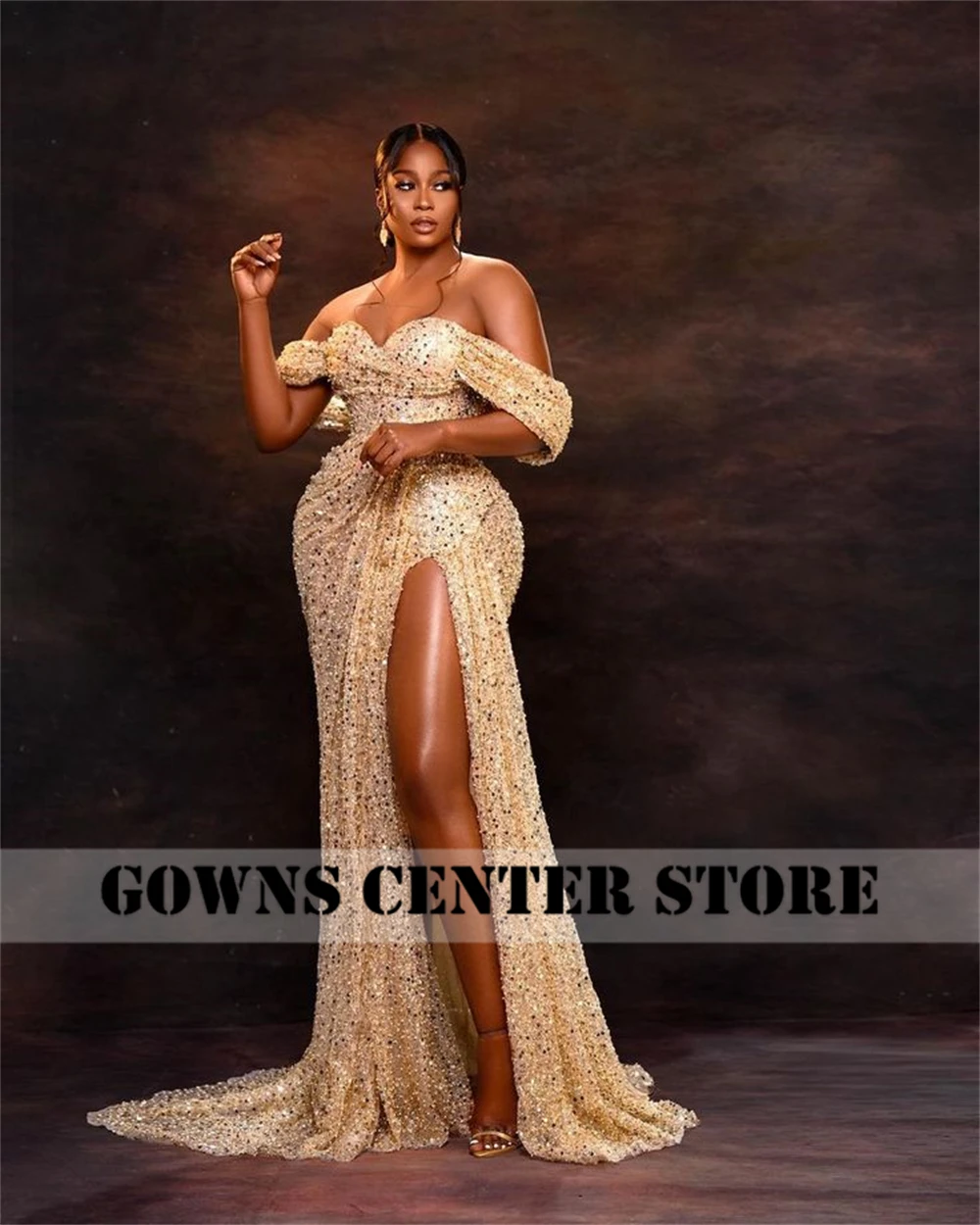 Champagne Beaded Off The Shoulder Aso Ebi Luxury Evening Dresses For Wedding 2024 High Slit Mermaid Prom Dress Customized