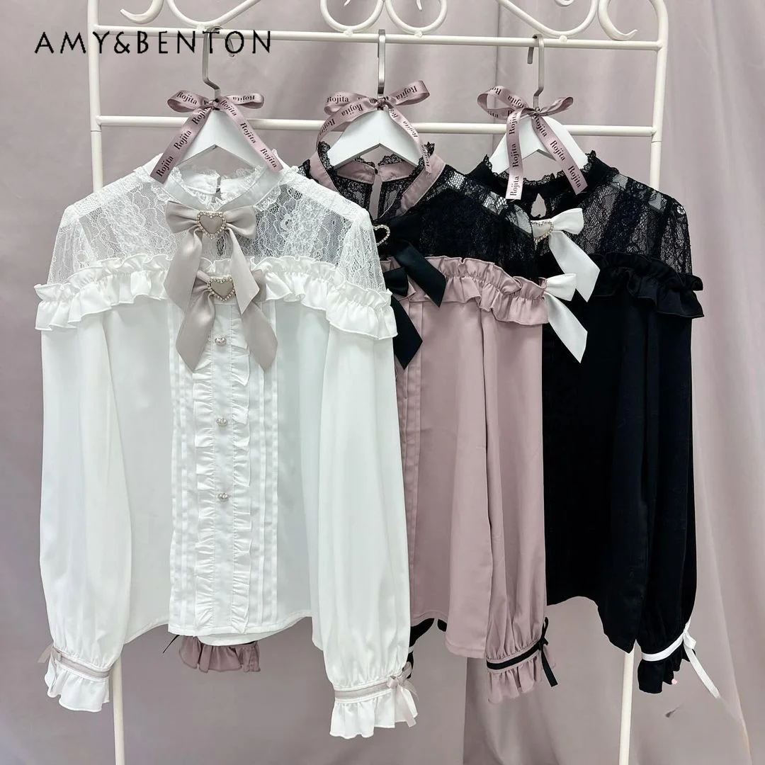 Japanese RJ New Sweet Double Bow Lace Splicing Off Shoulder Long-sleeved Shirt Mine Mass-produced Cute Lolita Shirts Autumn New