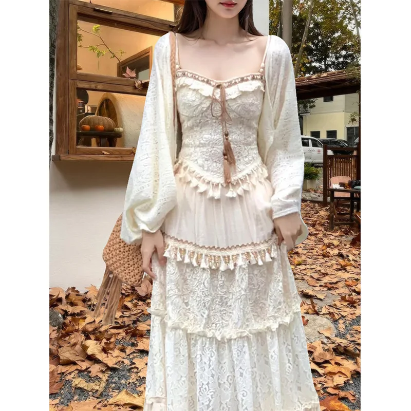 

Женский комплект, кардиган, юбки, камзол, новинка осени 202, нежный комплект из 3 предметов в стиле бохо, облегающая юбка