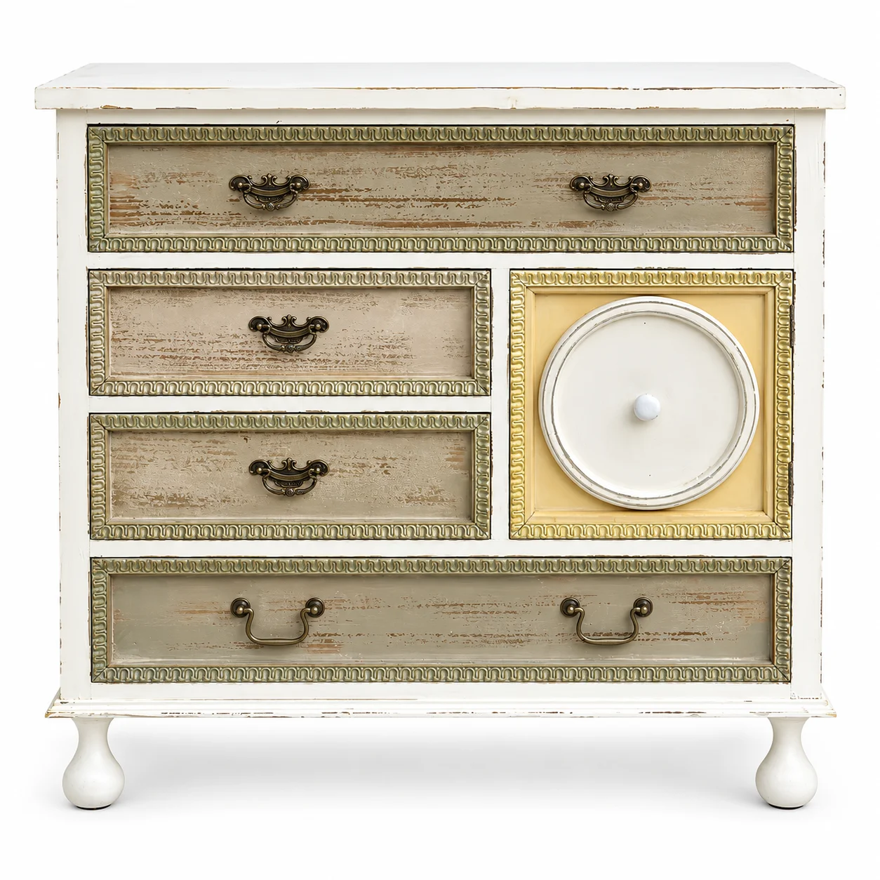 Gabinete de almacenamiento vintage con varios cajones y detalles tallados ornamentados, acabado blanco envejecido, 35.4L x 15.7W x 33.9H pulgadas, estilo americano