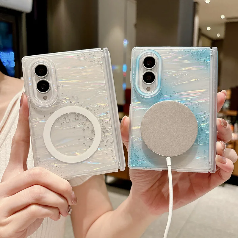 Korean Laser Water Color Conch Shell Magnetic Phone Case For Samsung Galaxy Z Fold 8 Ultra ZFold8 Fold8 Cover Cases For Magsafe