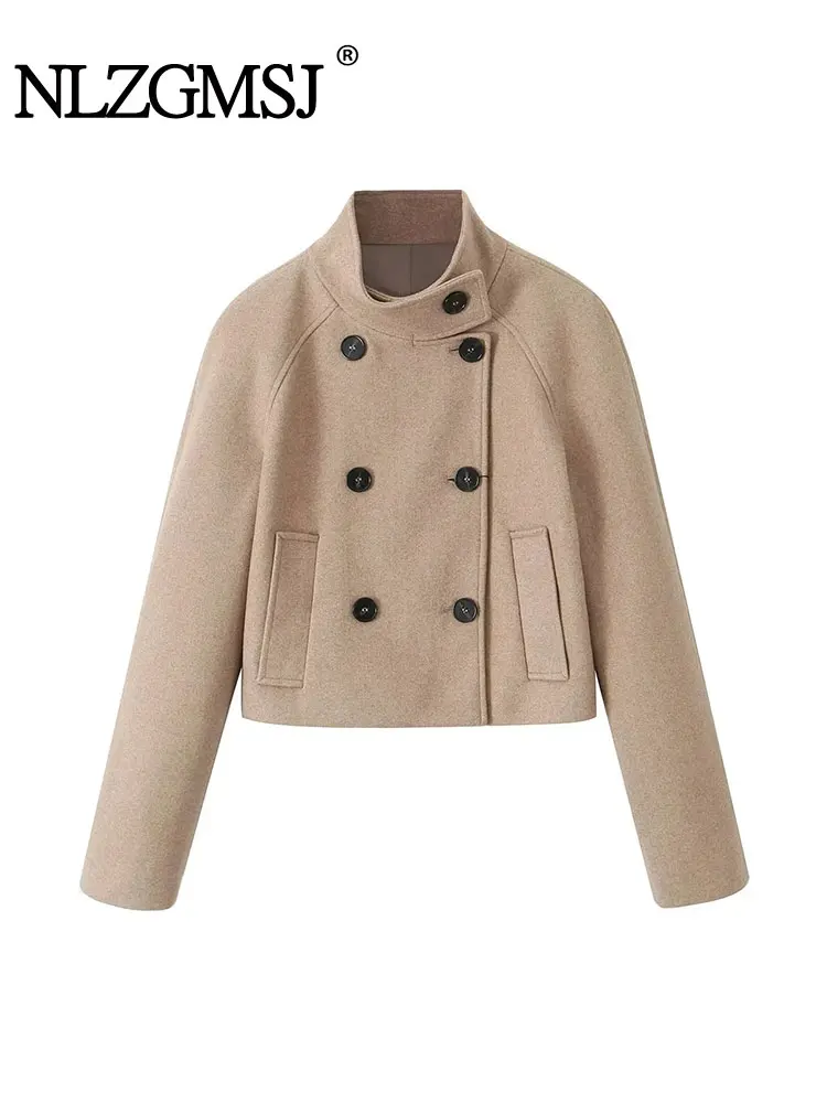 Nlzgmsj TRAF Elegant Woolen Coat Winter For Women Vintage Jacket Loose Stand Collar Double Breasted Warm Wool Jacket