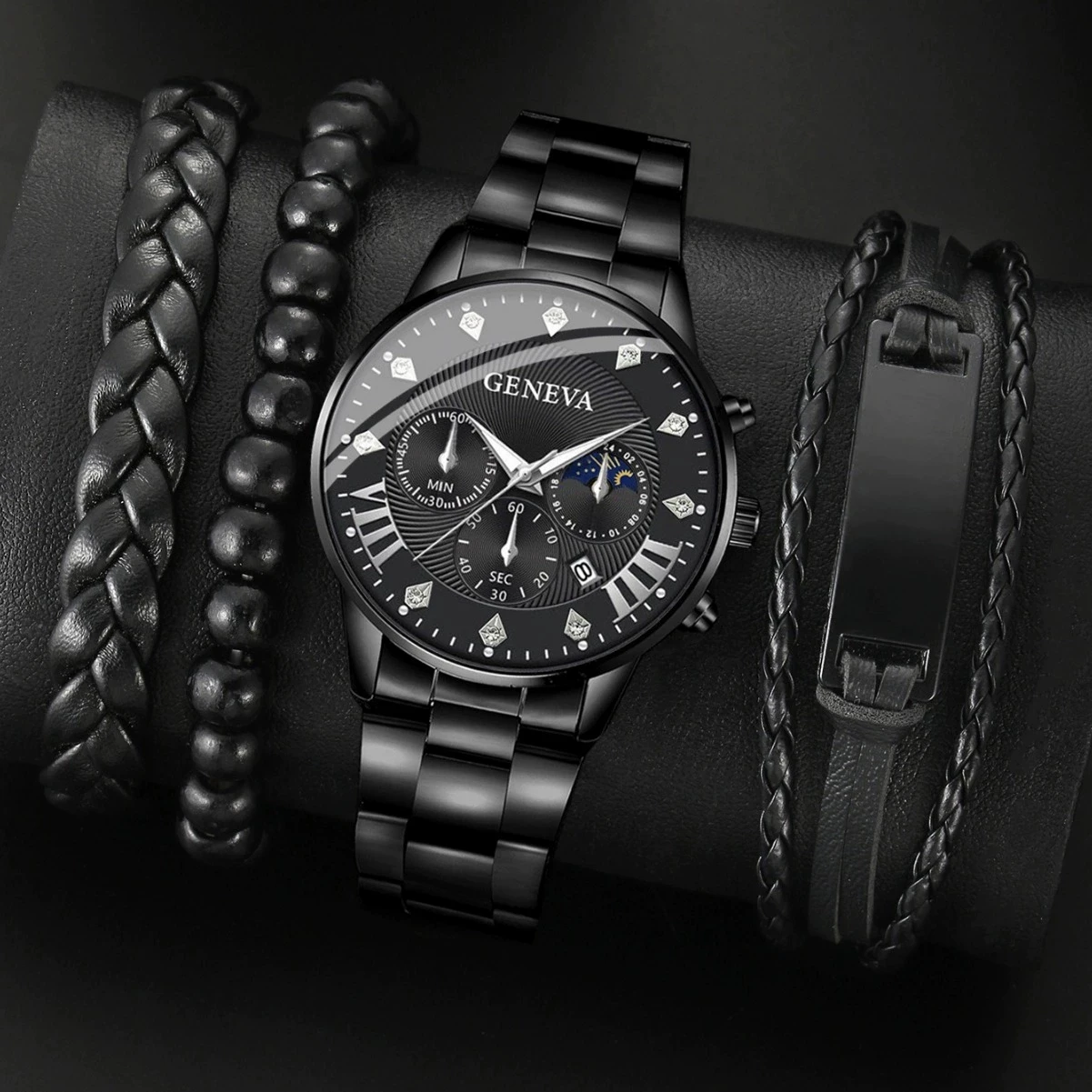 

4pcs Quartz Watches Bracelet Watch Set For Men Business Fashion Casual Round Pointer Calendar Watch Accessories（NO Box）