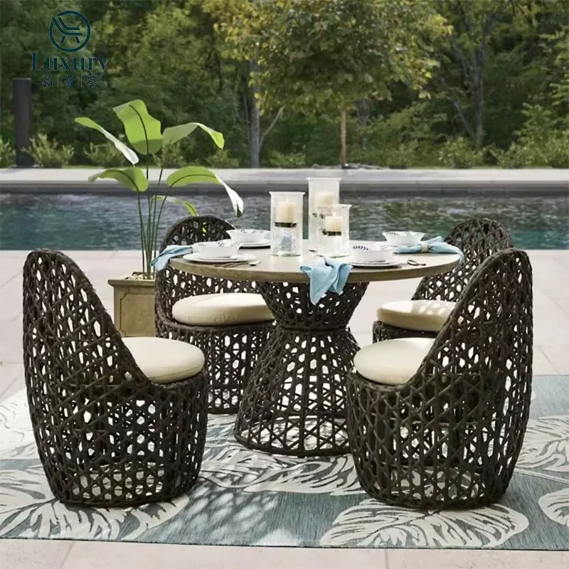 Solid Concrete Table Commercial Grade Garden Poolside Furniture Hand Braided PE Rattan Outdoor Dining Set