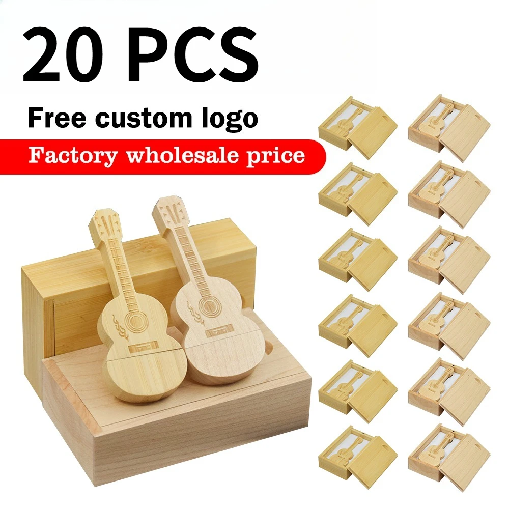 

20PCS/LOT Wooden Guitar USB Flash Drive 128GB Free Custom Logo Memory Stick 64GB 100% Real Capacity Pen Drive 32GB Creative Gift