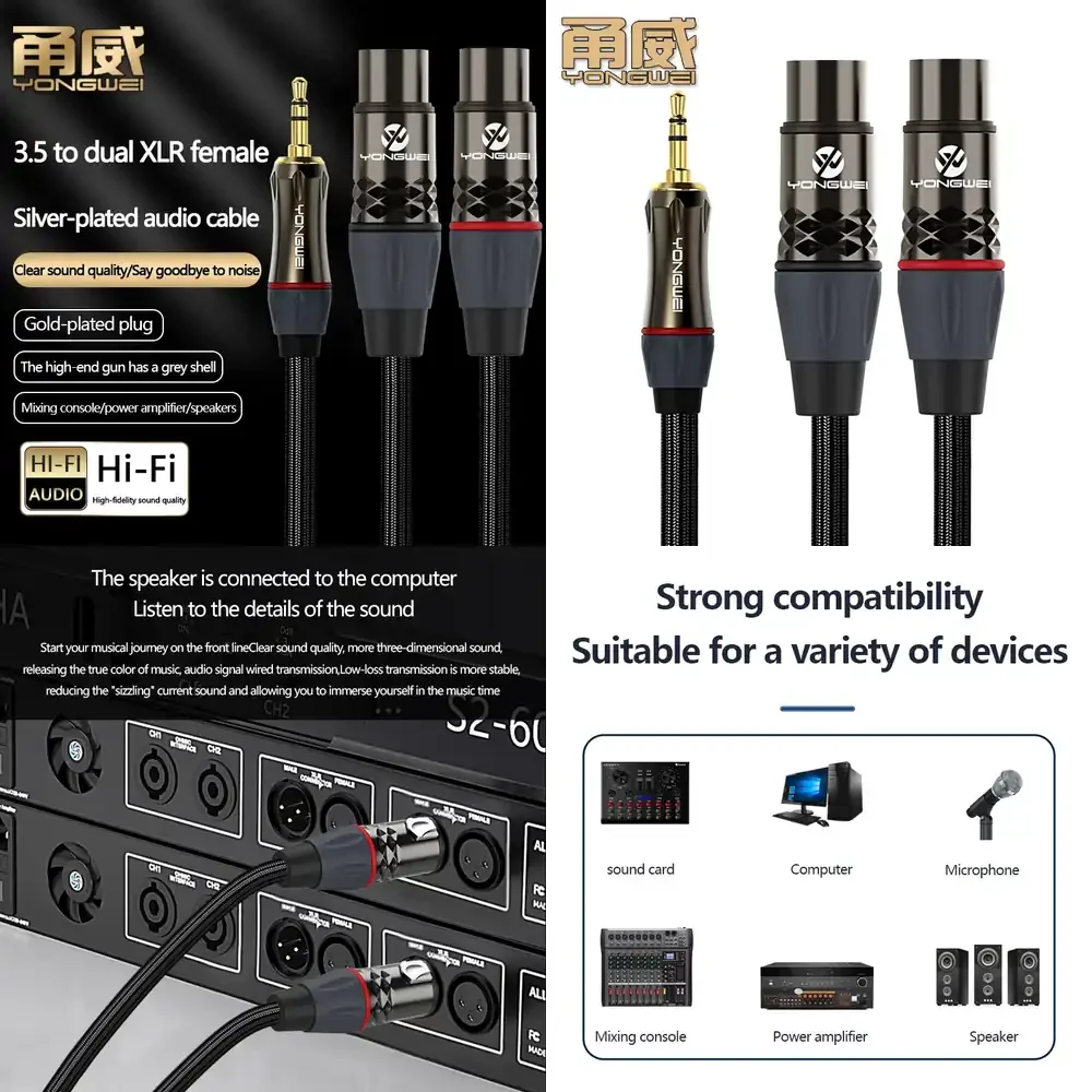 YONGWEI 3.5mm Male to Dual XLR Female Audio Cable for Mixer Sound Card Audio Interface Live Streaming Recording Studio