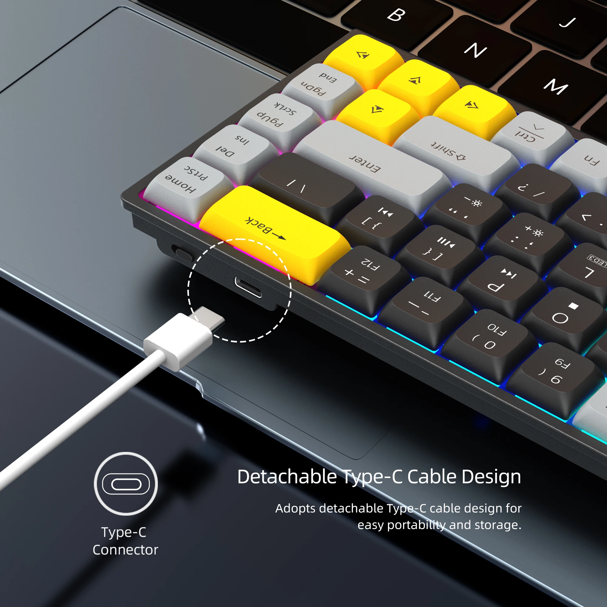 USB 유선 68키 키보드, 컬러 매칭된 짧은 키캡, 초박형 노트북 느낌, RGB 발광 키보드