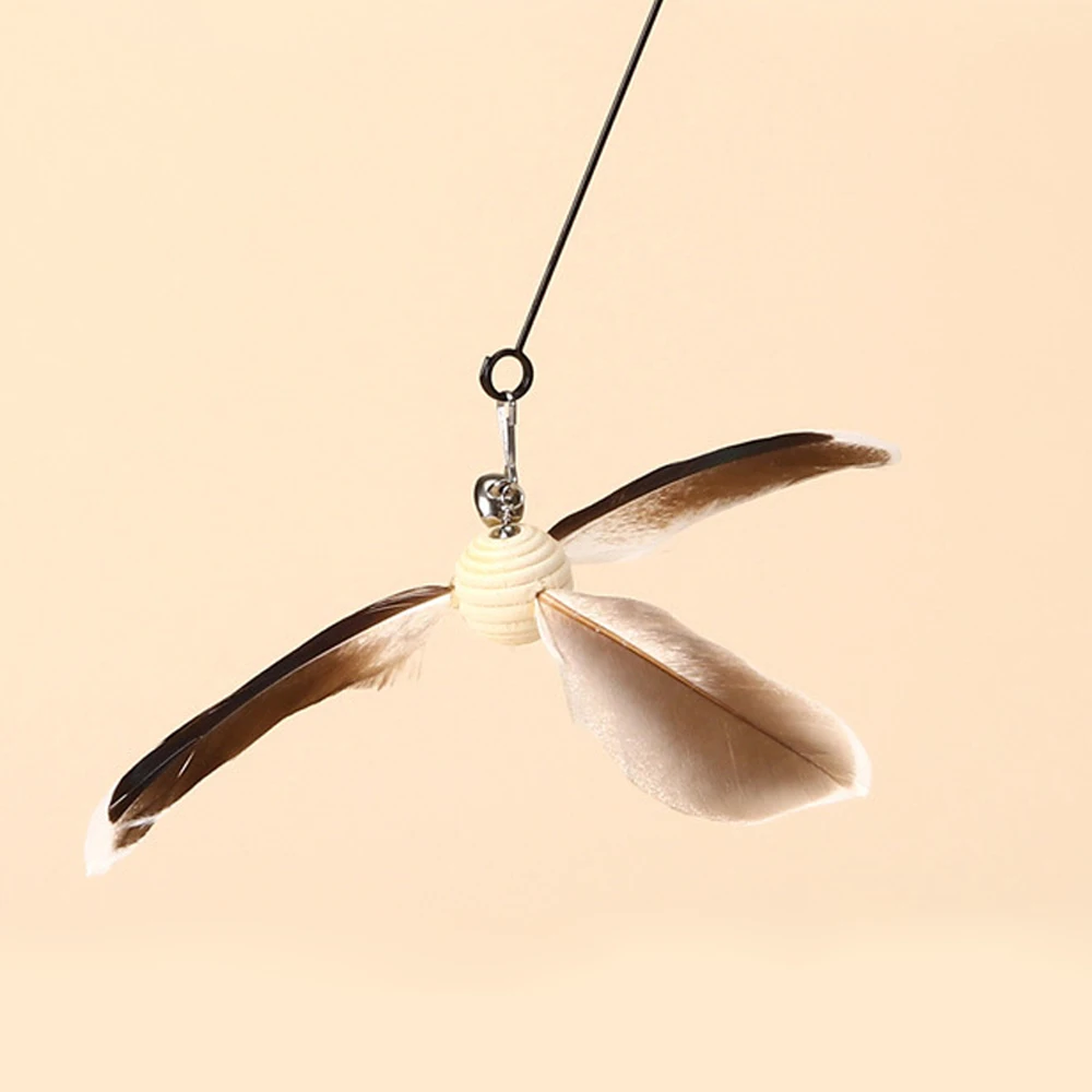 Cat Teaser Wooden Handle Long Pole Rotating Feather with Bell Interactive Windmill Teaser Stick Replacement Header Cat Toys
