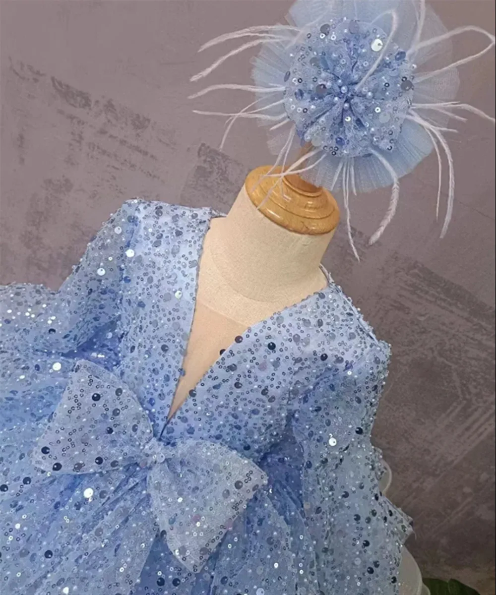 فستان الأميرة الفاخر لفتاة الزهور لحفلات الزفاف مع ترتر وأكمام طويلة للأطفال الصغار وحفلات أعياد الميلاد وحفلات التواصل حسب الطلب