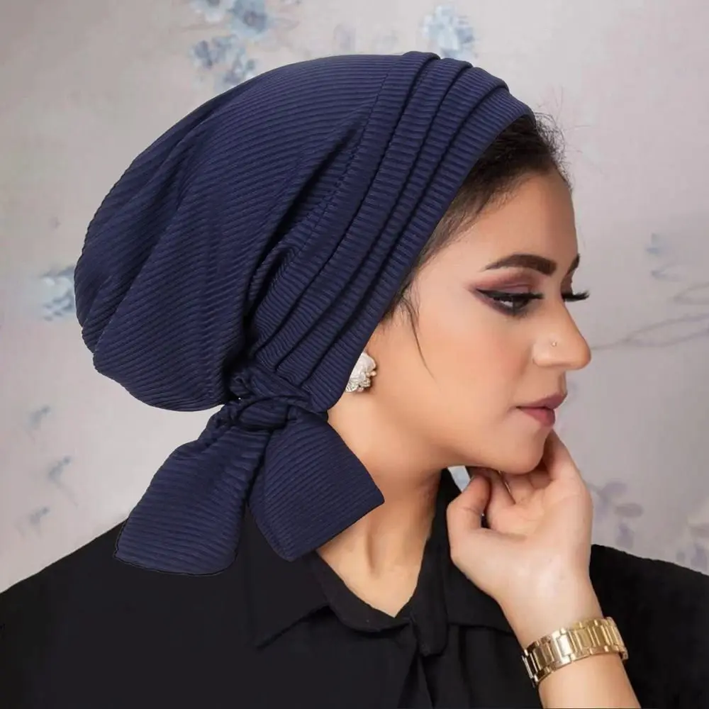 2024 Muslim Long Tail Pile Cap Thread Four Bars Two Sunken Stripe Long Tail Hats Solid Color Hair Loss Hat Pleated Ruffle Turban