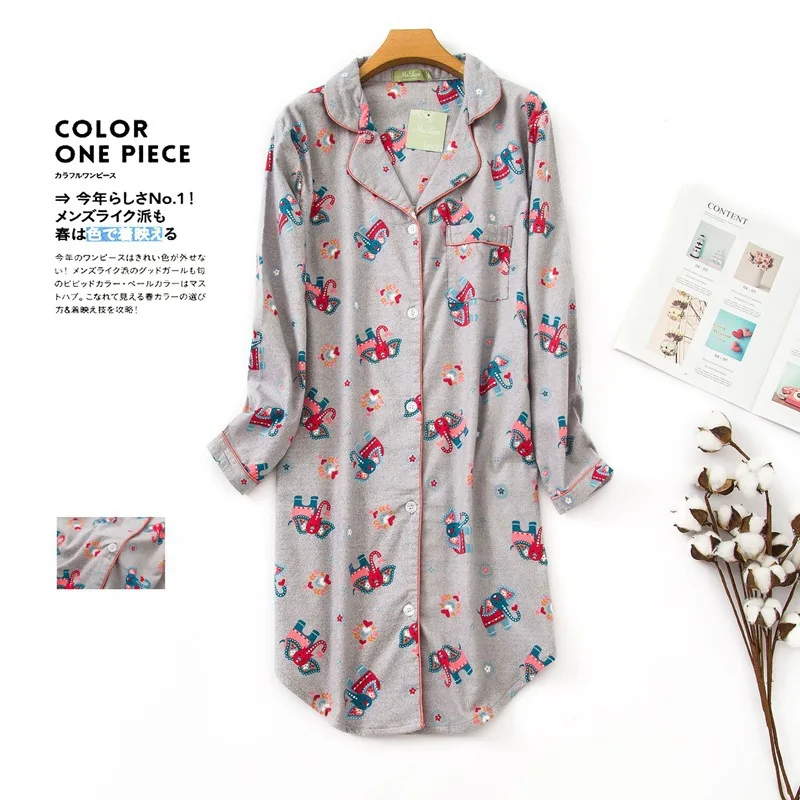 2024 Autumn Casual Cartoon Sleep Dress Ladies 100% Cotton Nightgown Long Sleeve Turn-down Sleepshirt Women Plus Size Home Dresse