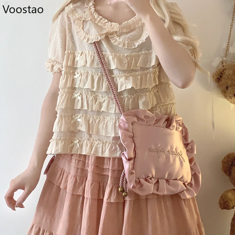 Vintage Sweet Lolita Cotton Blouses Women Japanese Kawaii Bow Lace Ruffles Princess Shirts Girls Y2k Aesthetic Cute Tops Summer