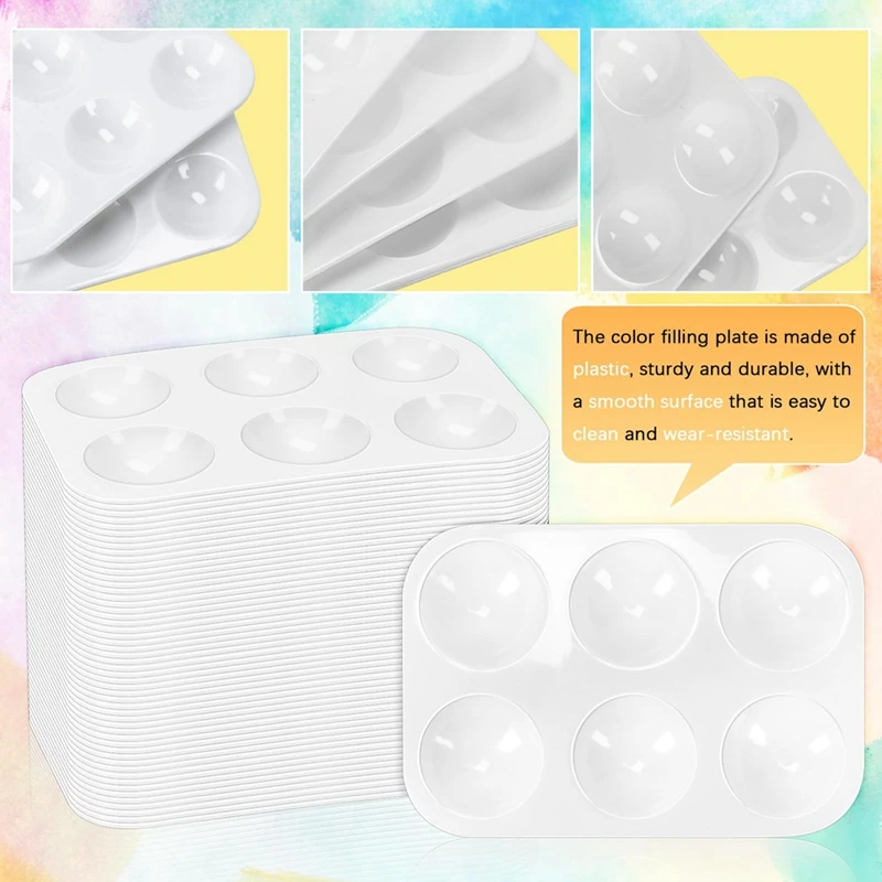 50 PCS White Plastic Watercolor Palette, 6 Well Rectangular Paint Palettes, Paint Tray Palettes, Paint Trays For Kid Durable