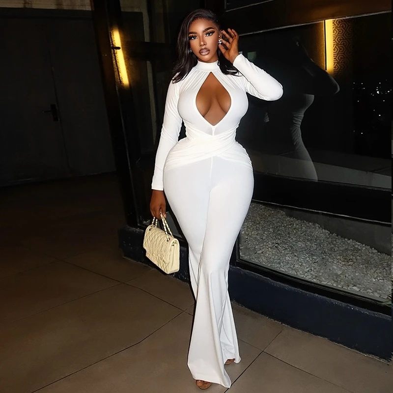 

Doyerl White Jumpsuits for Woman Long Sleeve Hollow Out Bandage Bodycon Romper High Waist Flare Pants One Piece Overalls Femme