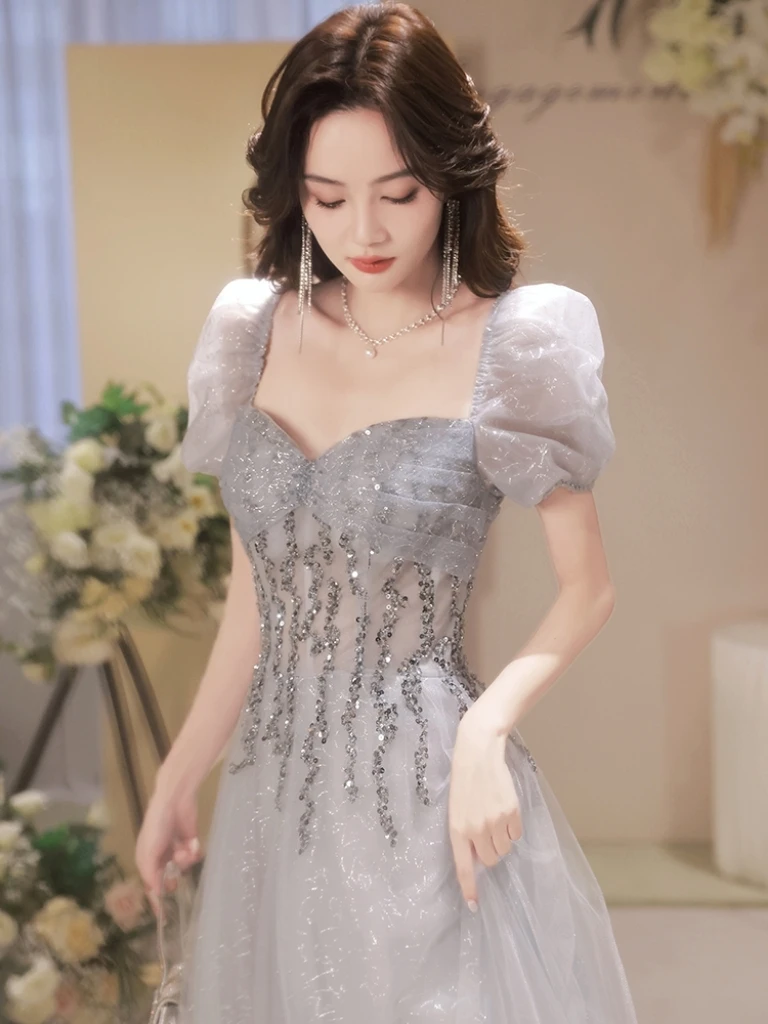 

Gray Elegant Celebrity Dress Tulle Beading Puff Sleeve Square Collar A-Line Lace-up Formal Party Graduation Evening Prom Gown