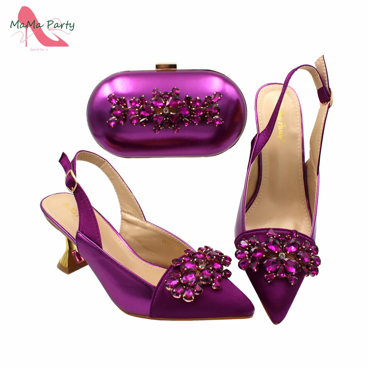 Purple Color High Quality Italian Design Shoes and Bag Set with Shinning Crystal Pointed Toe Pumps for Wedding