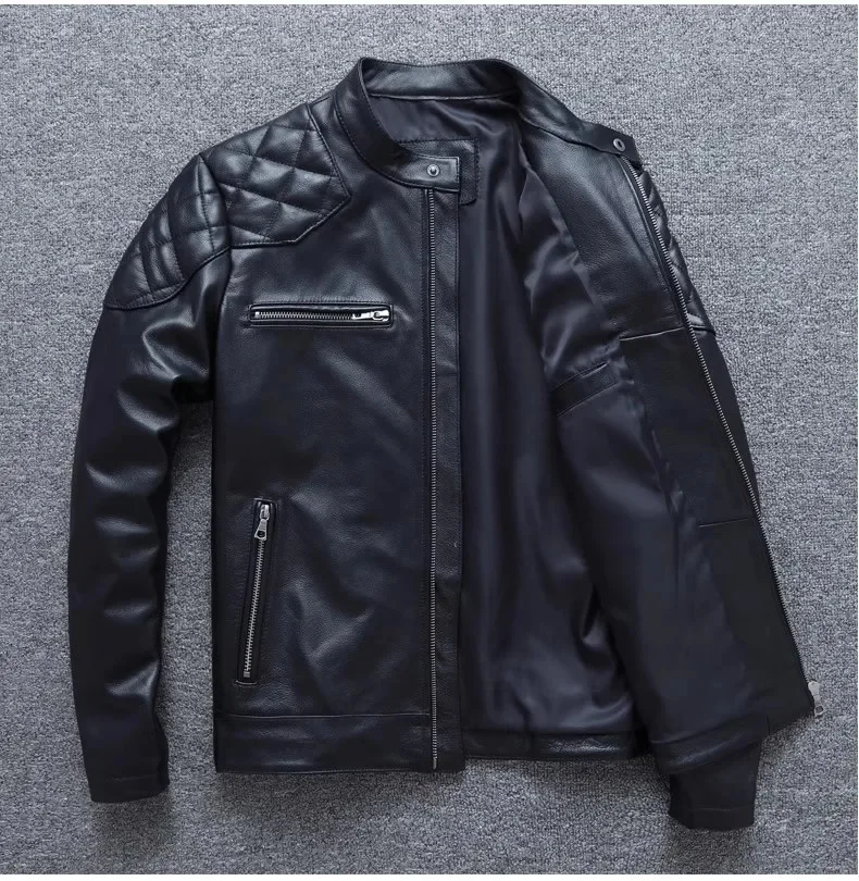 Shop Top.Classic Motor Rider Short leather jacket.Mens black Slim cowhide coat.quality Wholesale natural cloth.