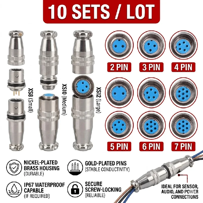 10SETS XS8 XS10 XS12 Aviation Connector Push-Pull Self-Locking Plug & Socket 2/3/4/5/6/7 Pin Gold-Plated Terminal Adapter Set