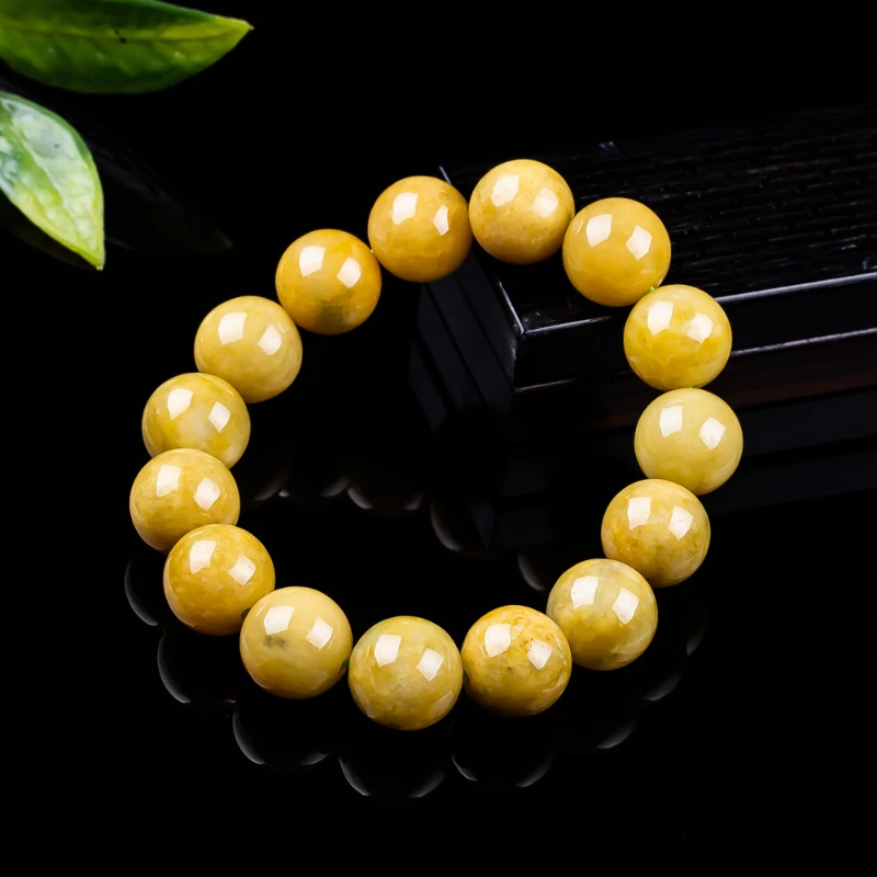 Natural A Grade Jadeite 13mm Yellow Round Bead Bracelet Exquisite Jade Simple Fashion for Men and Women Couples Gift