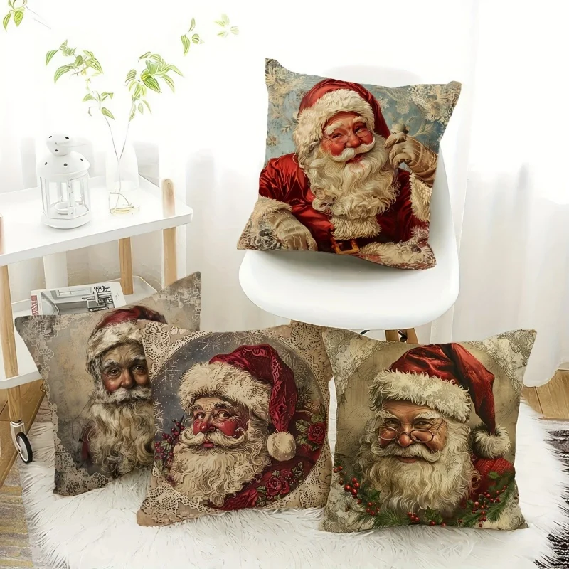2D FLAT-4pc Vintage Santa Claus Christmas Pillow Covers Sofa and living room decoration, without pillow core