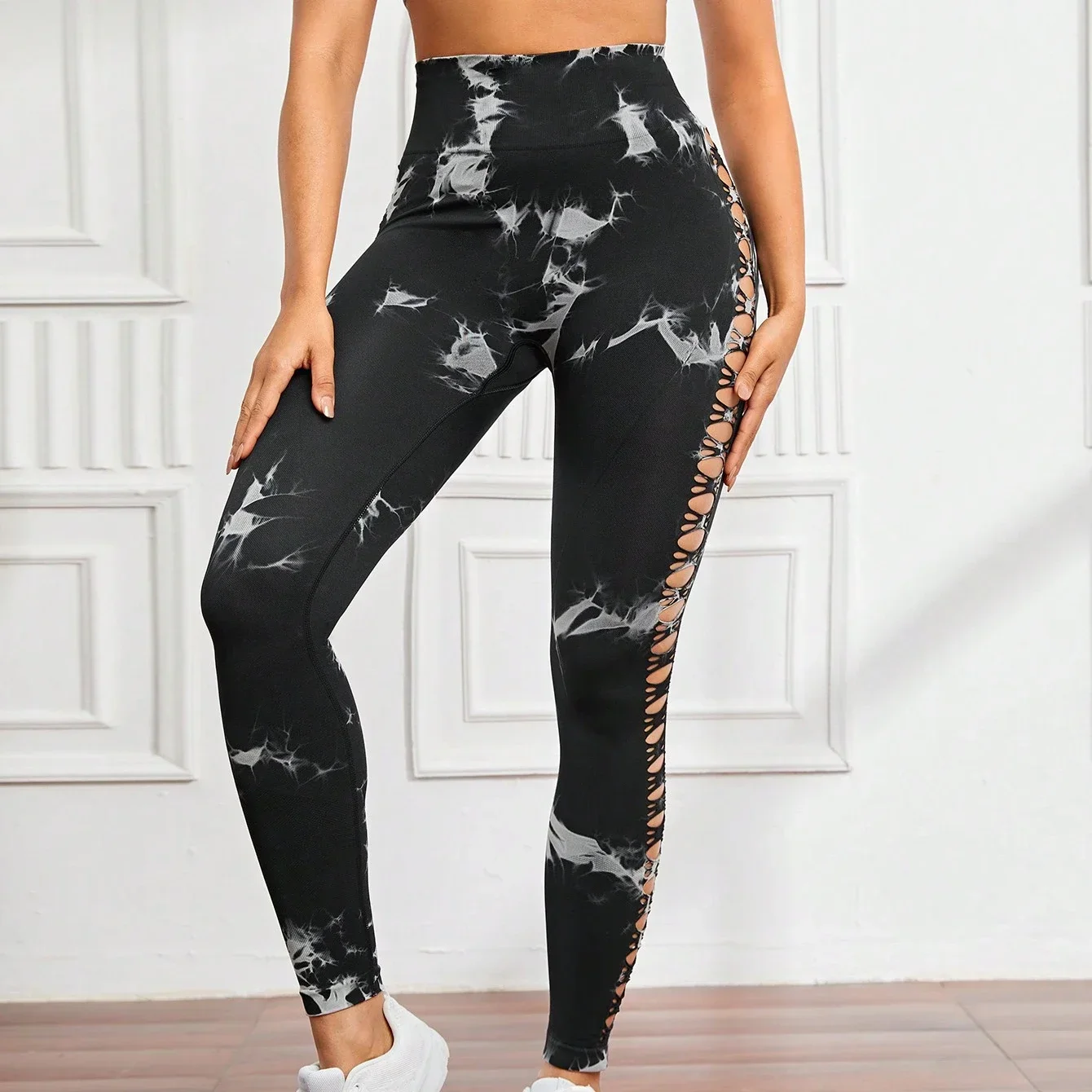 US Delivery Seamless Yoga Pants Women Sport Leggings Fitness Gym Tight Push Up Running Pants Hollow Out Tie Dye Thunder Printing