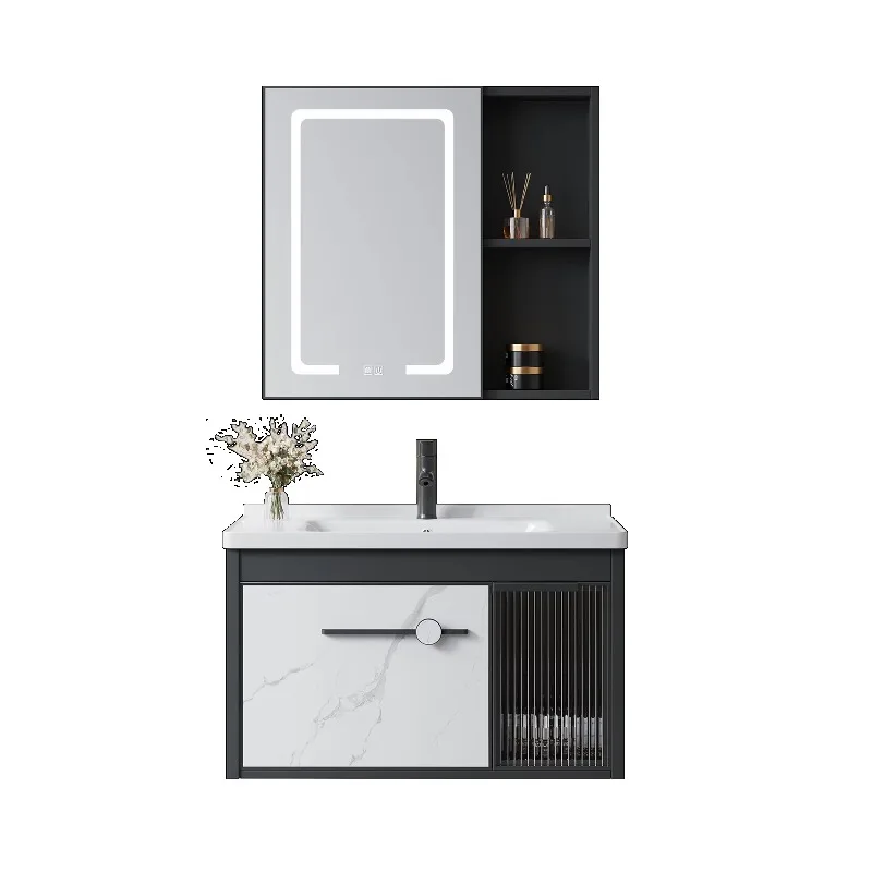 

Wall Mounted Bathroom Furniture Marble Textured Aluminum Complete Vanity with Mirror Cabinet Ceramic Basin