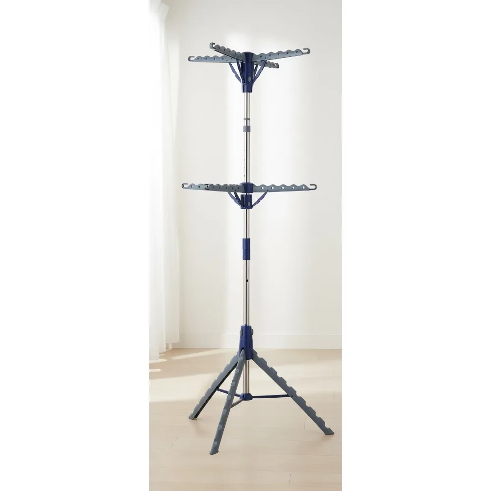 

2-Tier Collapsible Tripod Drying Rack - Foldable Space-Saving Laundry Stand for Shirts Towels Garments Indoor Outdoor Use