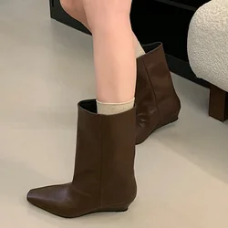 Eilyken 2026 Vintage Soft Leather Pointed Toe Women Ankle Boots Autumn Winter Wedges Heel Shoes Concise Ladies Modern Booties