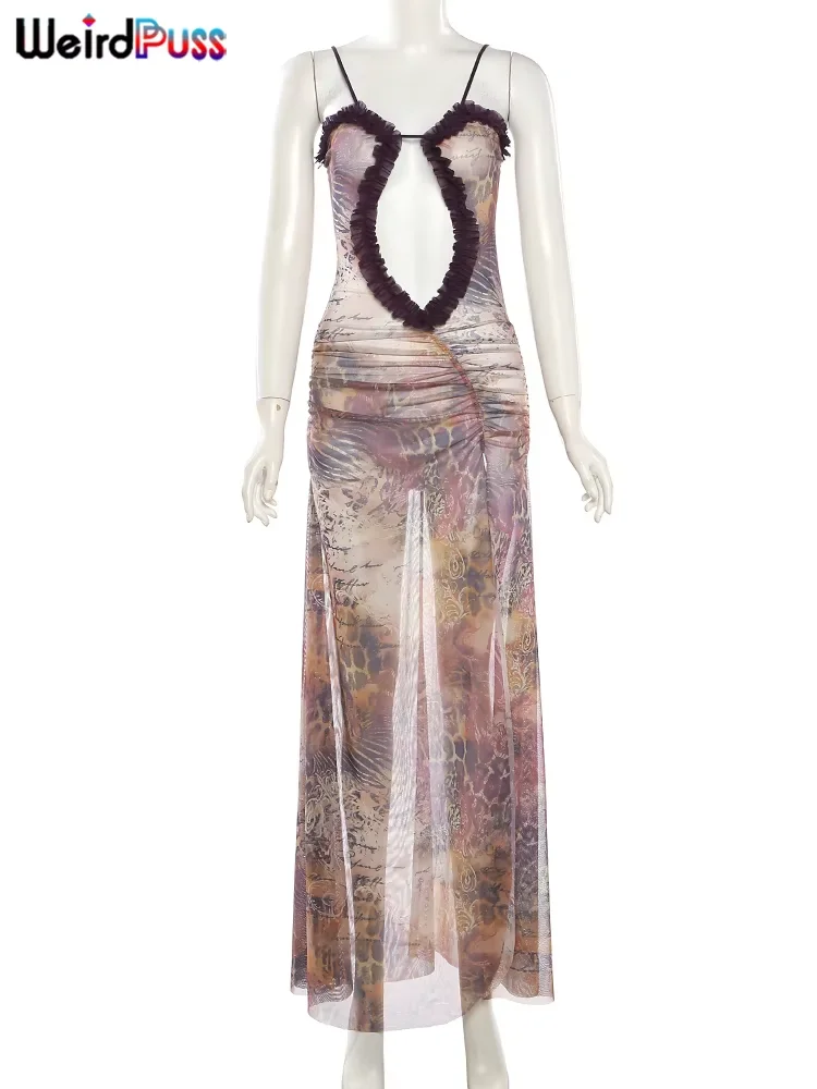 Rare Puss Side Split Vrouwen Jurk Spaghettiband Halter Nek Eetbare Boom Schimmel Uitgehold Sexy Avondfeest Dames Vestido