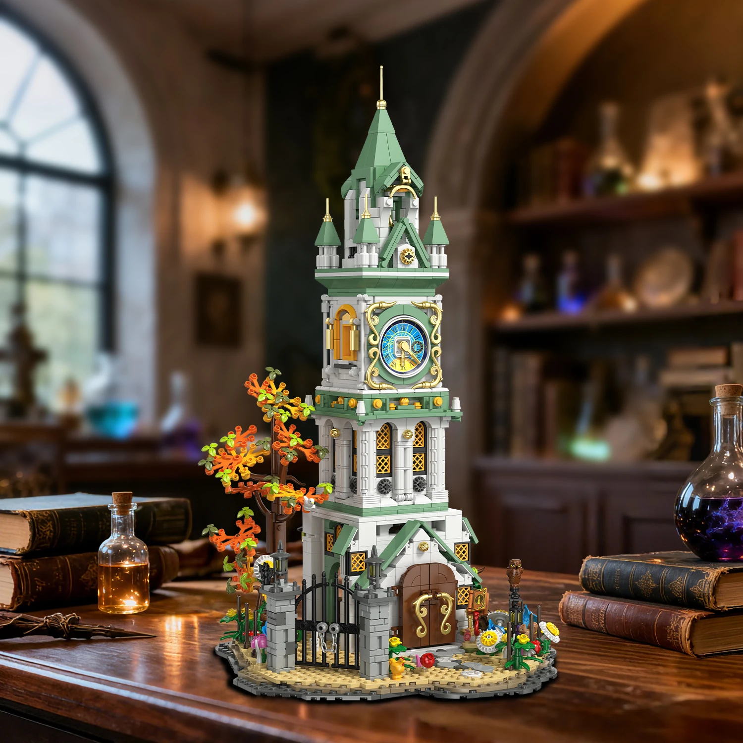 

Magic Clock Tower Building Block Set - Built-in LED Light. Contains a magic book and a glowing wand. Home Decor gift for Adults.