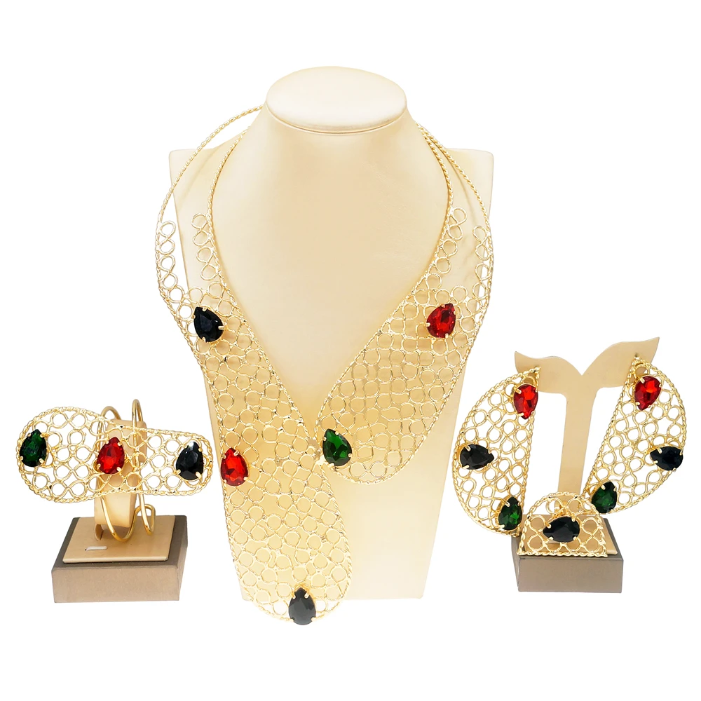 

Yulaili Luxury Brazilian Ladies Jewelry Set Pakistan Colored Gemstones exquisite Senior bride wedding jewelry set of 4 pieces