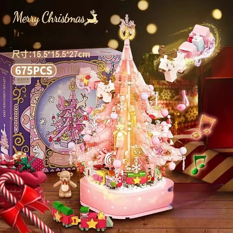 SEMBO Building Block Pink Crystal Christmas Tree Building Blocks  Light Music Box Assembly Bricks Toys for Girls Friendsgift