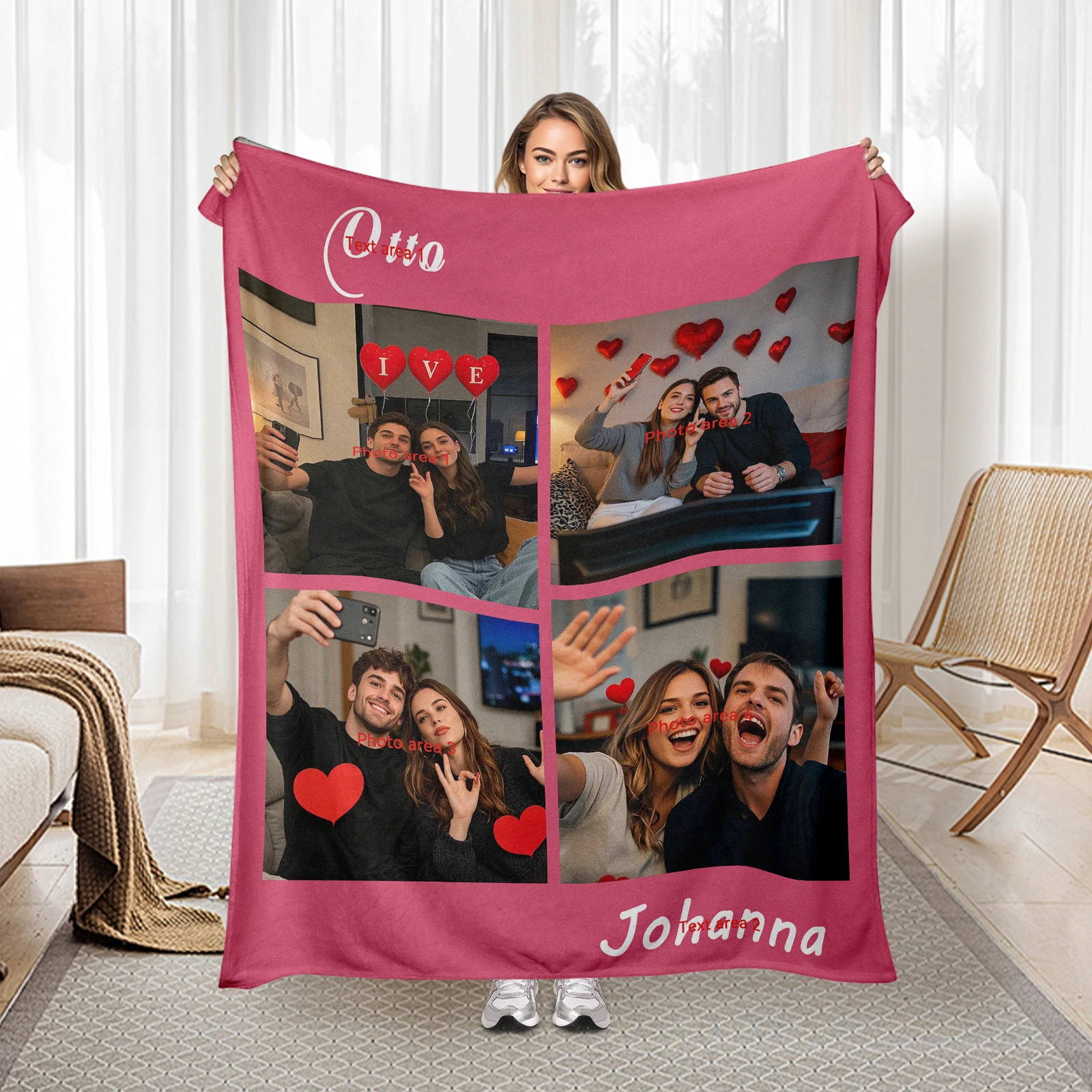 Valentine's Day Special Flannel Blanket. Customized with 4 Pictures and 2 Phrases for Couples' Romance.