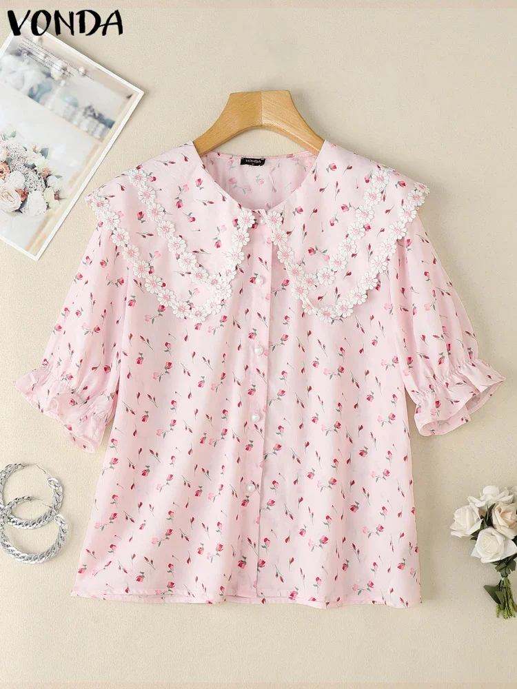 VONDA kwiatowy Print koszula damska letnie topy z krótkim rękawem moda koronkowy Patchwork Blusas Streetwear topy Tee tunika Oversize