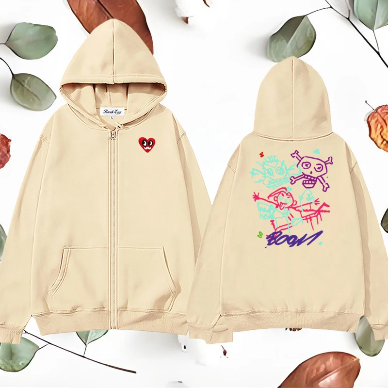 

Arcane Jinx Monkey Game Lovers Graffiti Women Zipper Hoodie Polyester Red Eyes Beard Heart Embroidery Pocket Loose Sweater