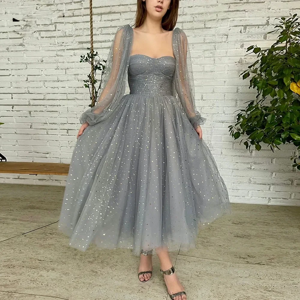 

2026 New In Glitter Prom Dresses Gray Starry Tulle Midi Party Gowns Sweetheart Long Sleeves Tea-Length Formal Evening Homecoming