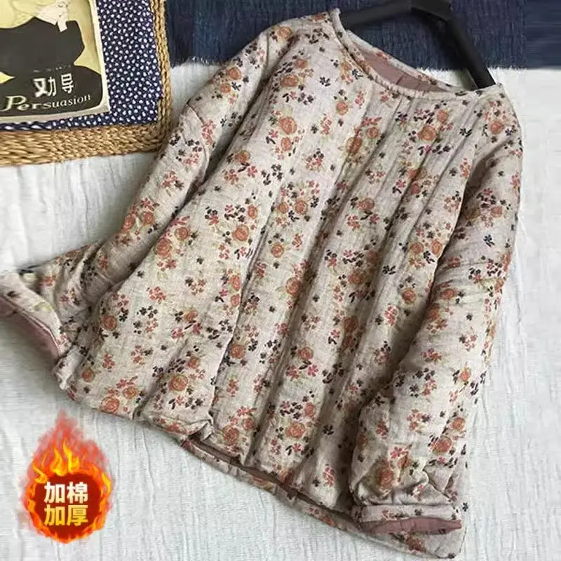 2024 Lente Herfst Losse Oversized Gebloemde Katoenen Jas Ronde Hals Etnische Stijl Lange Mouwen Retro Vrouwen Gewatteerde Jas Top Z4717