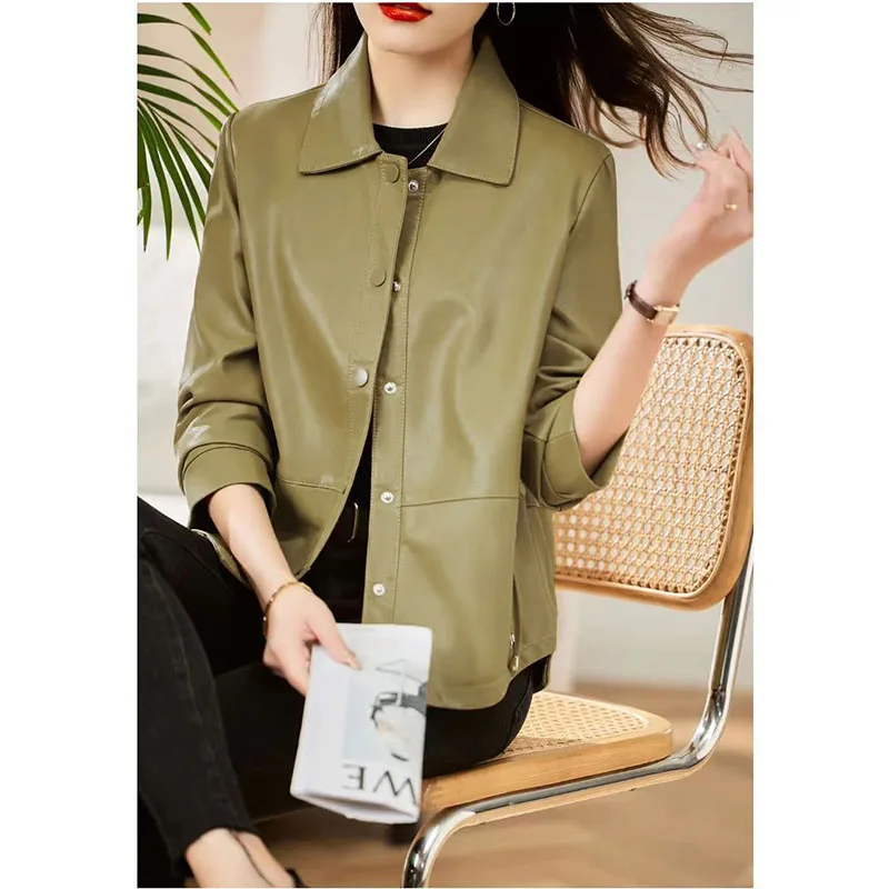 Maillard Women's Leather Short Coat 2025 Spring Autumn New Female Temperament Fashion Ladies Loose Coat Age-reducing Loose Coat