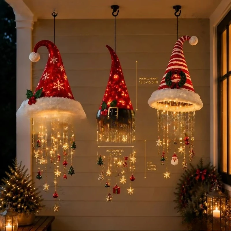 Santa Hat Hanging LED Chandelier, Warm Christmas String Lights with Festival Ornaments, Home Holiday Decor