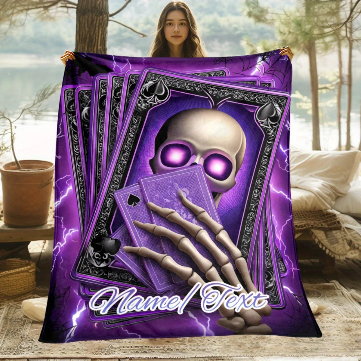 Custom name purple skull playing card flannel blanket, suitable for sofa, bed, birthday, children, friends, gift