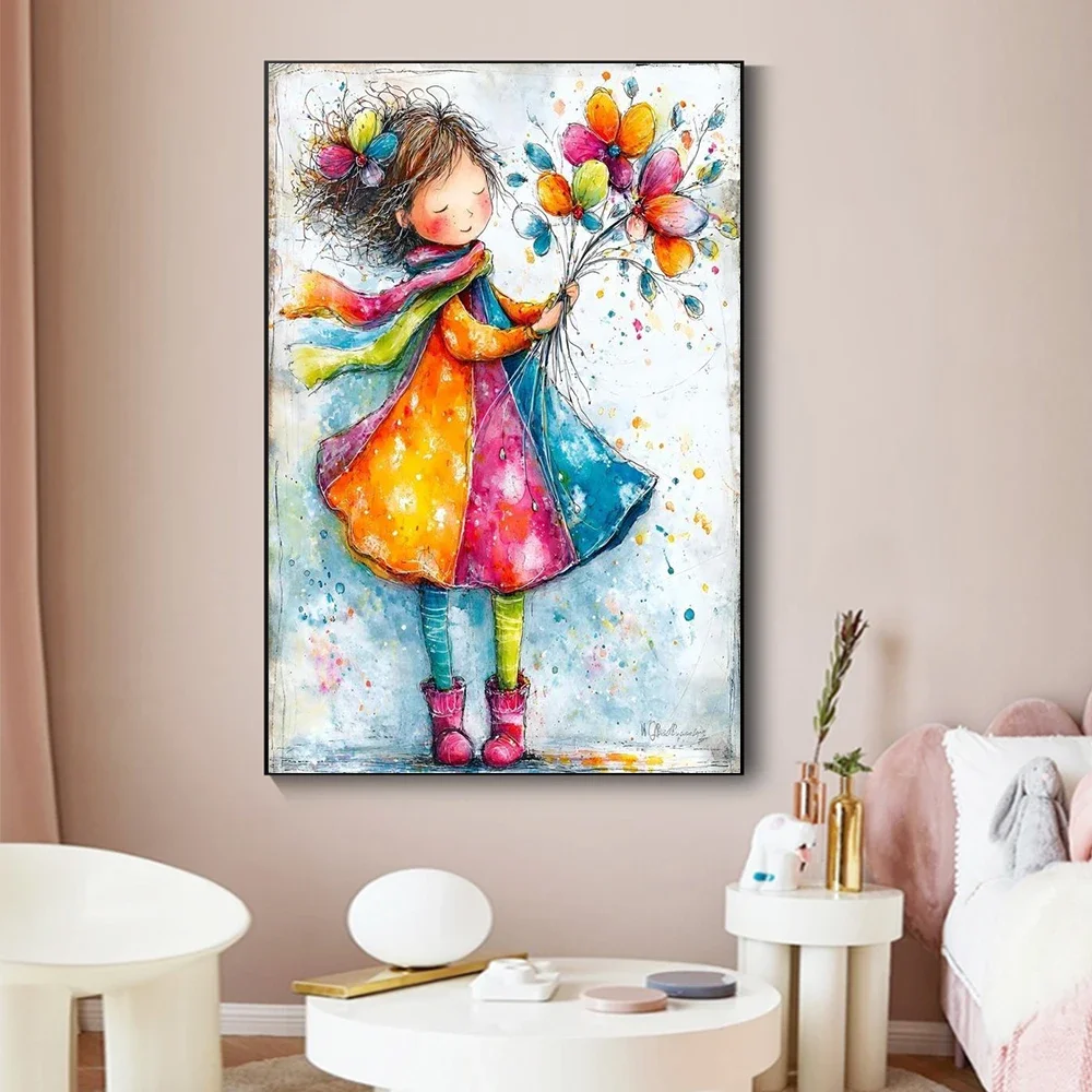 Watercolor Dragonfly Wildflower Canvas Painting Wall Art Cartoon Girls And Flowers Poster Print For Kids Room Nursery Wall Decor
