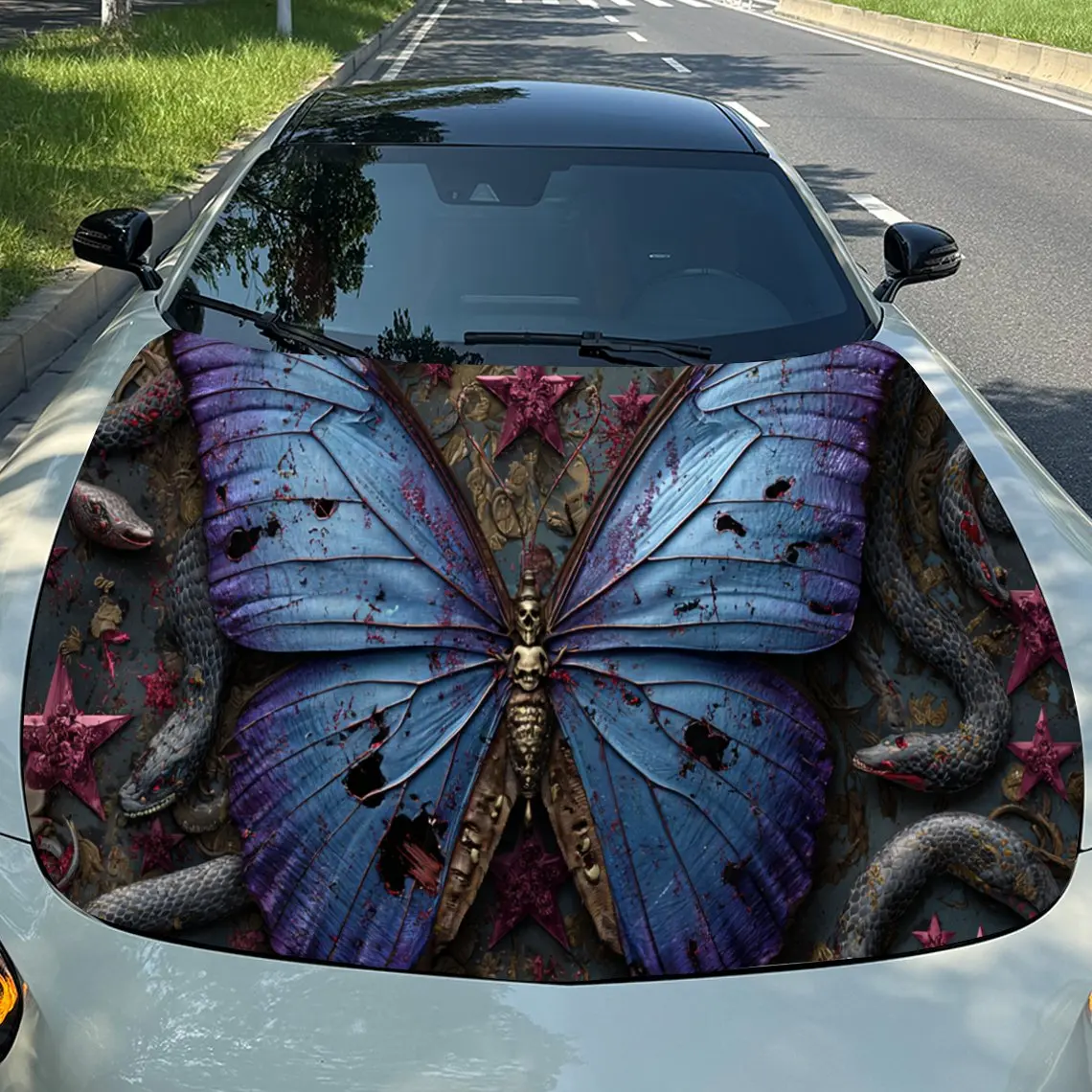 Striking Purple Butterfly Car Hood Stickers - Self-Adhesive, Waterproof and Durable Vinyl Wrap, Decorate And Protect Your Car, F
