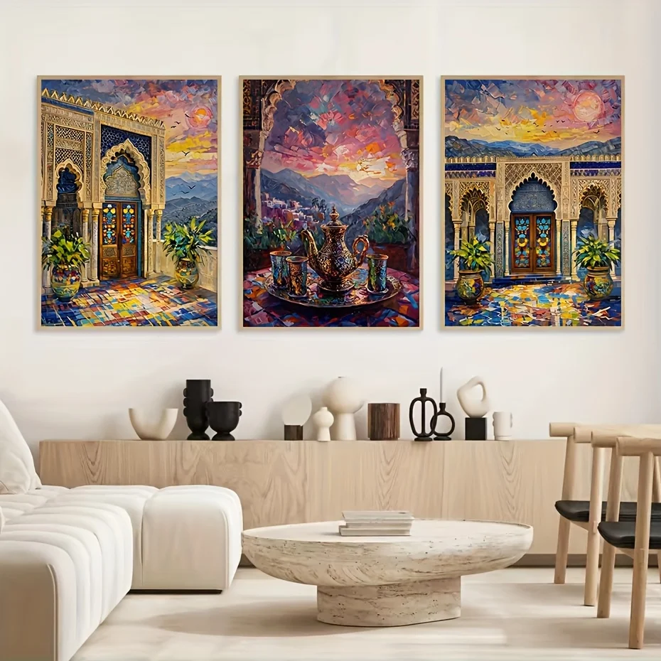 （NoFrame 3pcs）-3pcs Abstract Islamic Arabic Mosque Architecture Mecca Muslim Posters Wall Art Prints on Canvas for Bedroom, L