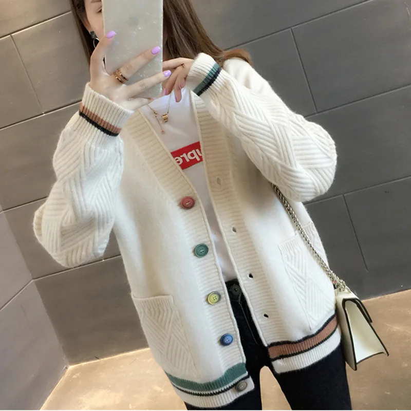 Sweater Women 2024 Fashion Geometry Print New Spring Autumn v-neck Pocket Button Solid Color Loose Sweater Cardigan Women BD4080