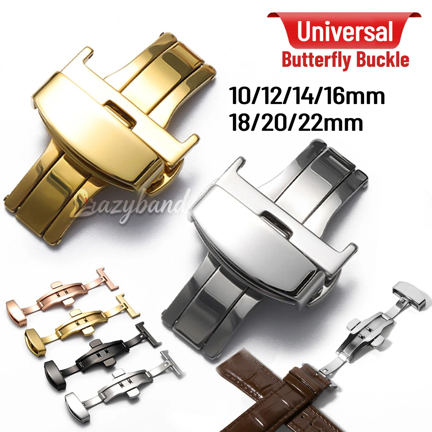 Stainless Steel Universal Butterfly Buckle Accessories 10/12/14/16/18/20/22mm Metals Double Push Button Fold for Watchband Clasp