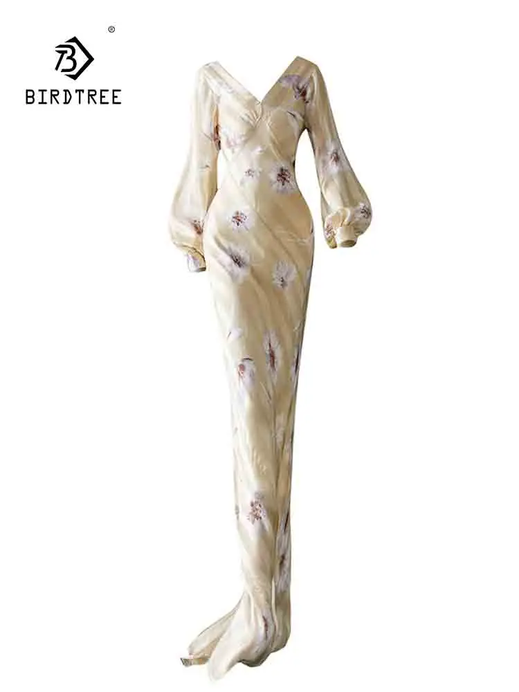 BirdTree, 2 Layer Mulberry Silk Evening Party Dresses, Women Lantern Sleeve Print, Slim Elegant Fishtail Dress, Summer D43555QC