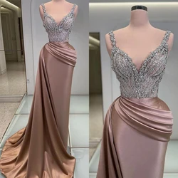 Exquisite Mermaid Evening Dresses Sexy V Neck Pearls Sequins Lace Special Occasion Gowns Custom Made Sweep Train Prom Dress