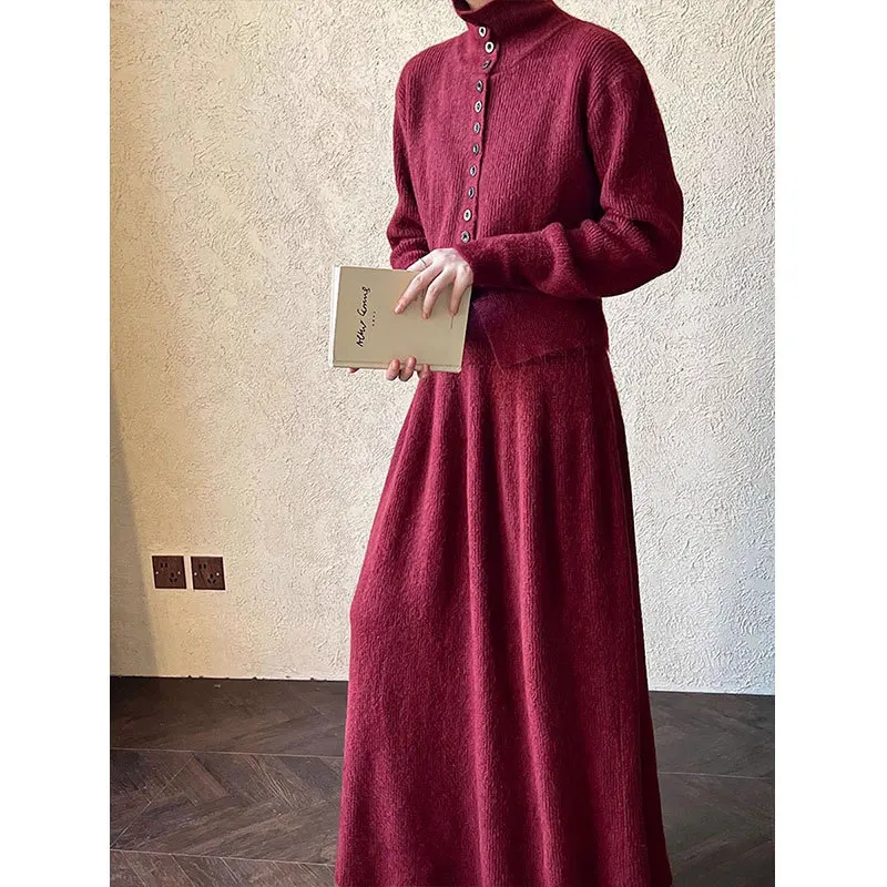 Temperament Sweater Set for Women's 2025 Autumn and Winter New Item, Single Breasted Knitted Top, Half Skirt Two-piece Set Dress